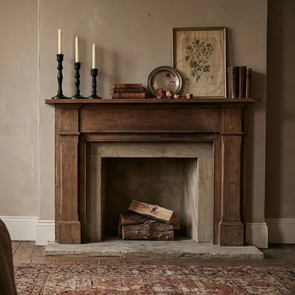 Cozy living room with a fireplace, armchair, and decorative items.