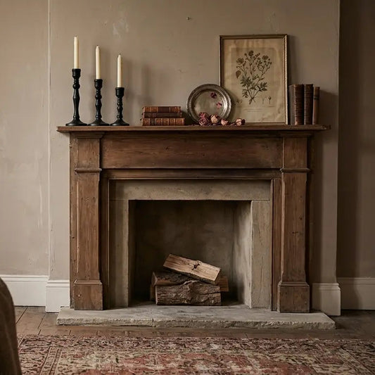 Cozy living room with a fireplace, armchair, and decorative items.