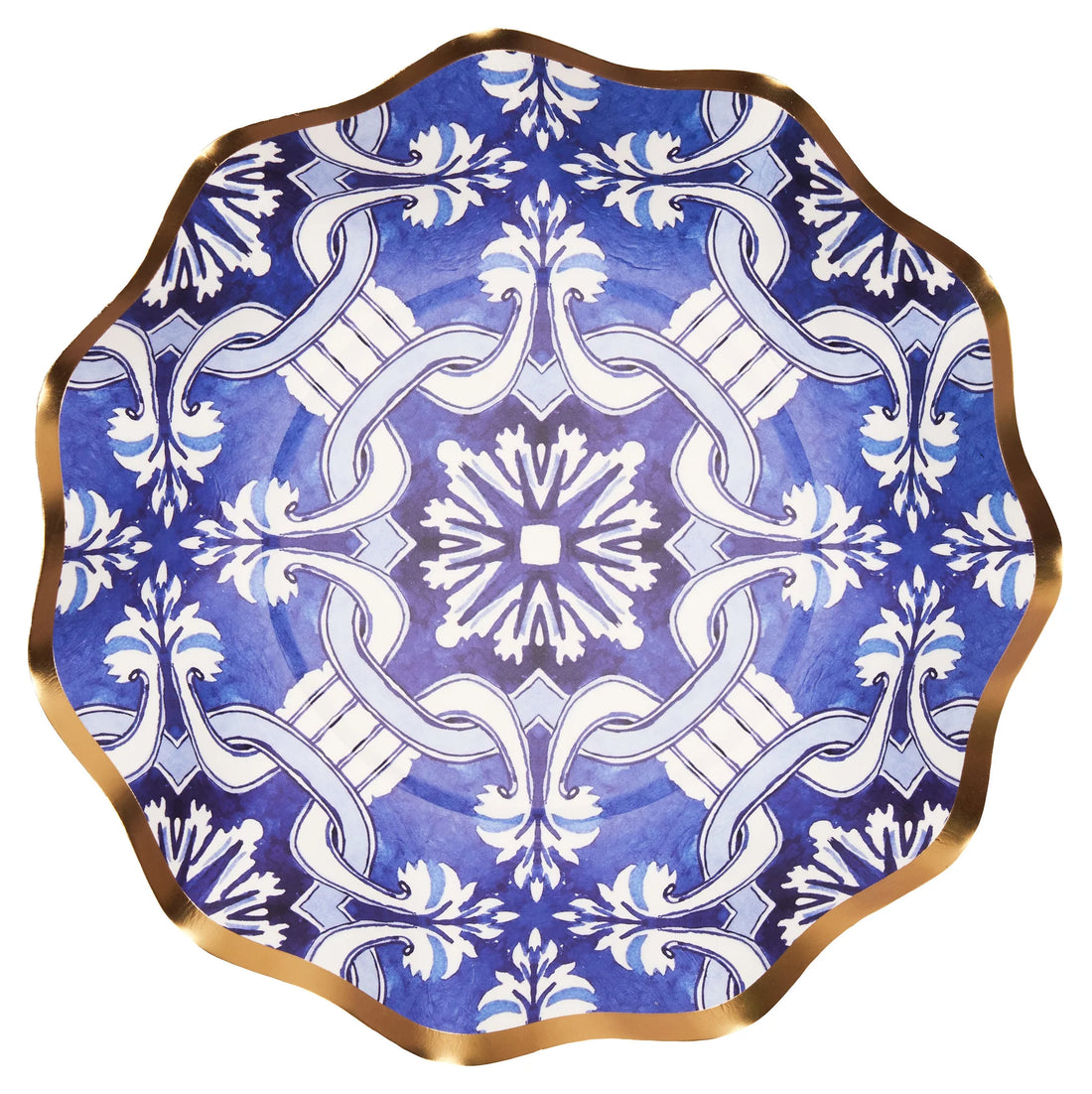 Moroccan Nights Paper Appetizer &amp; Dessert Bowl - 8 Per Package, featuring a blue and white plate with gold trim, inspired by Moroccan tile art. Elevate your event with elegance and style.