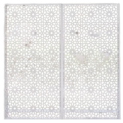WHITE ARABESQUE decorative folding screen featuring a laser-cut geometric/floral lattice pattern, perfect for themed events and weddings by Party Social.