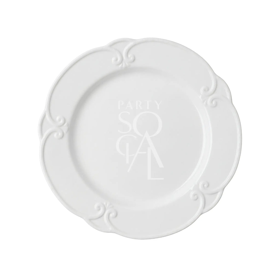 WHITE EMBOSSED-PLATES: Round ceramic plate with scalloped rim and scroll detailing, featuring PARTY SOIRÉE text. Ideal for elegant table settings at special events.