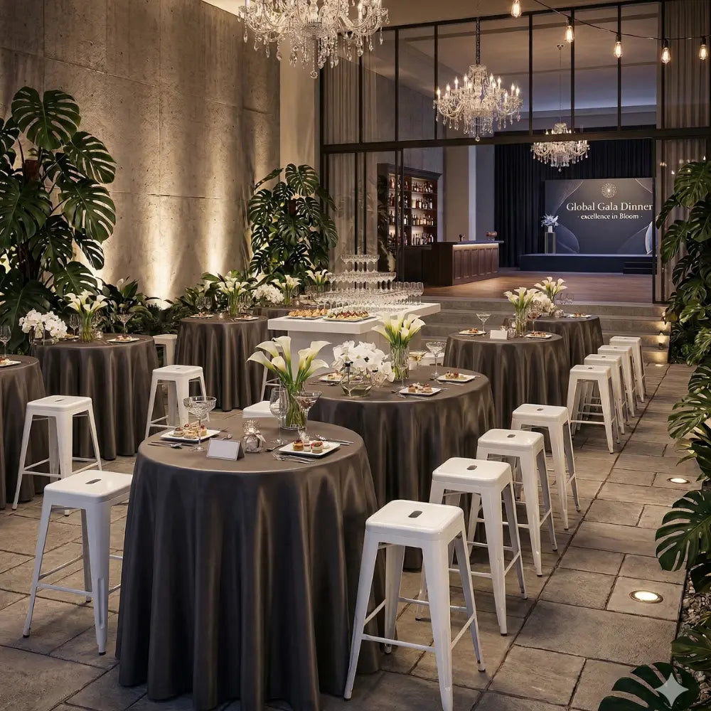 White Metal Bar Stool at a cocktail gala setup, featuring high-top tables with floral arrangements, showcasing Party Social&