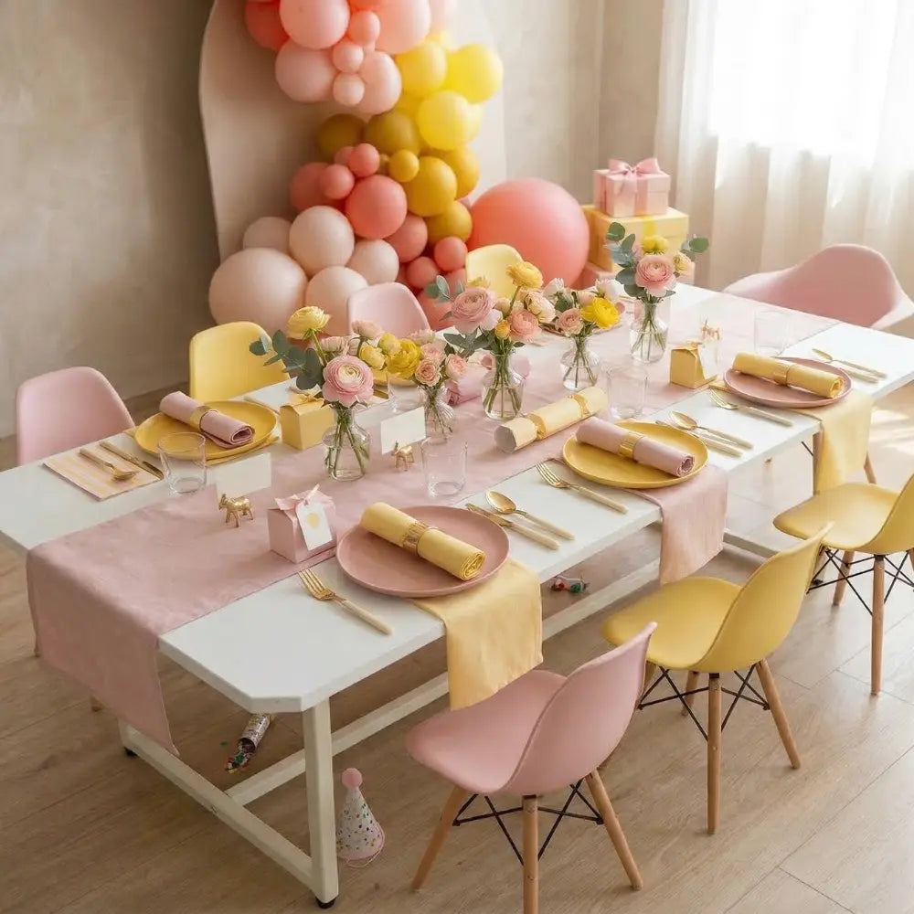 White rectangular table for kids with pink and yellow runners, set for a pastel-themed party with matching plates, cutlery, and decorative elements.