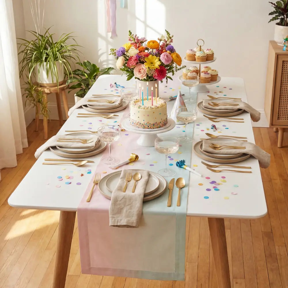 WHITE RECTANGULAR TABLE set for a festive party with a pastel table runner, cake, cupcakes, flower bouquet, gold flatware, and champagne glasses.