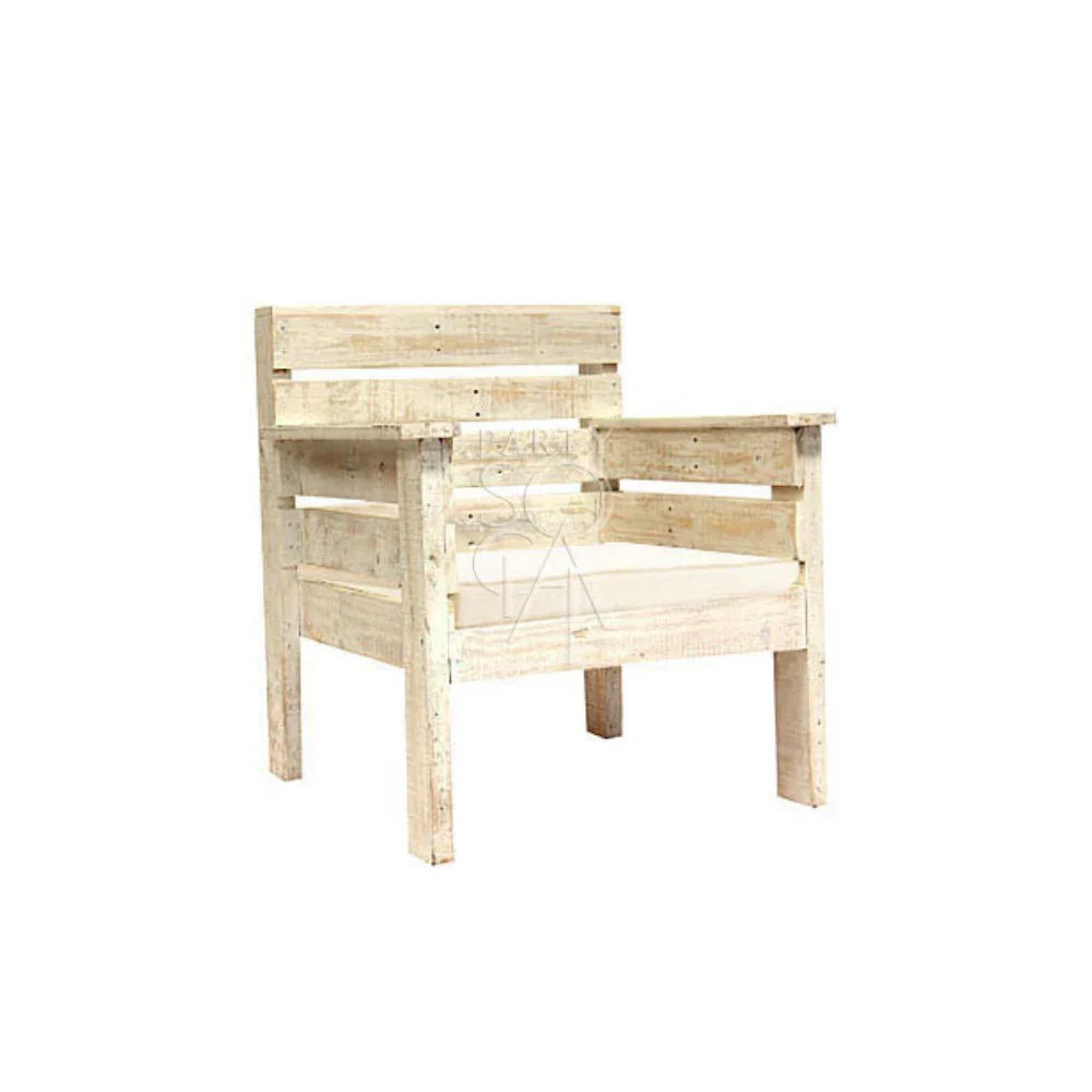 WHITE WOOD ARMCHAIR, perfect for beach and lounge settings, featuring a wooden frame with a comfortable seat cushion, ideal for parties and events.