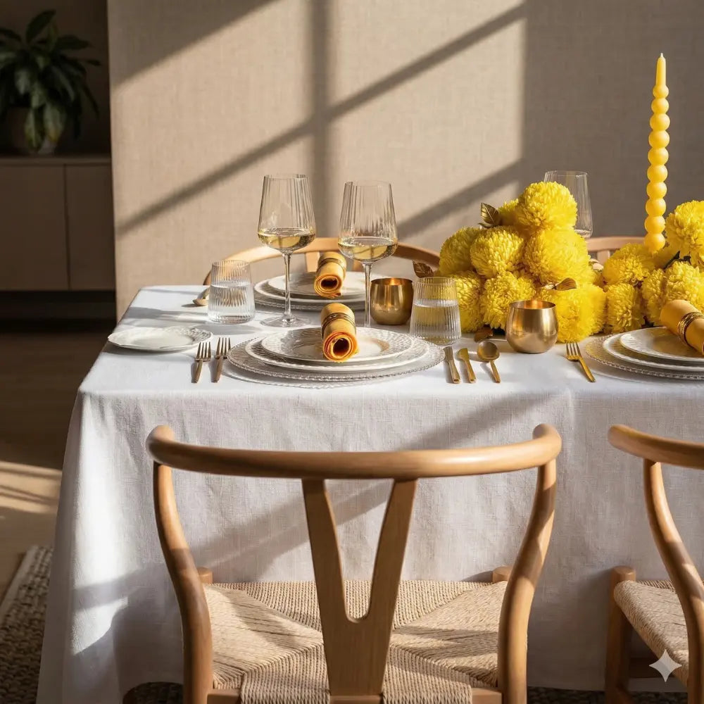 Wishbone Chair with woven seat around a sunlit dining table set, featuring glass chargers, gold-tone flatware, yellow napkins, and a floral centerpiece.