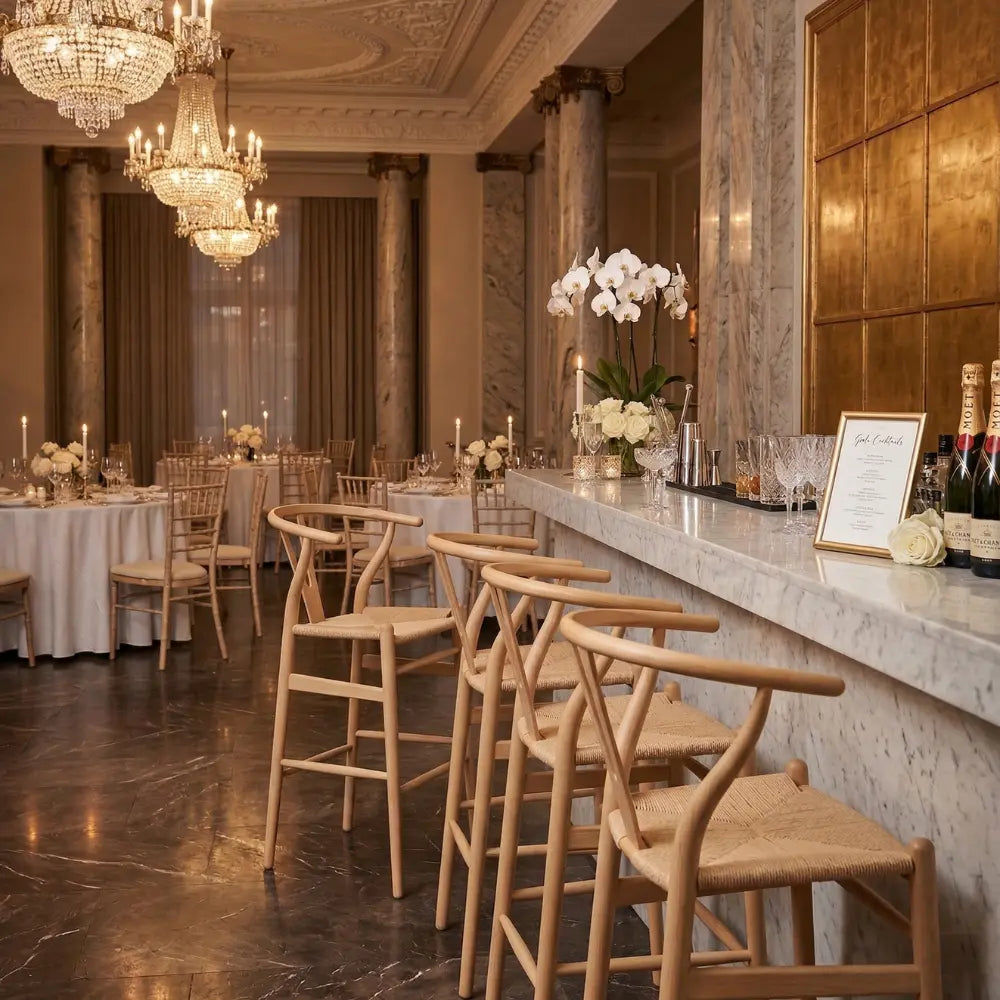 Wishbone Stool with woven seat in an elegant event setting, featuring a marble bar, champagne bottles, and floral arrangements, ideal for sophisticated gatherings by Party Social.