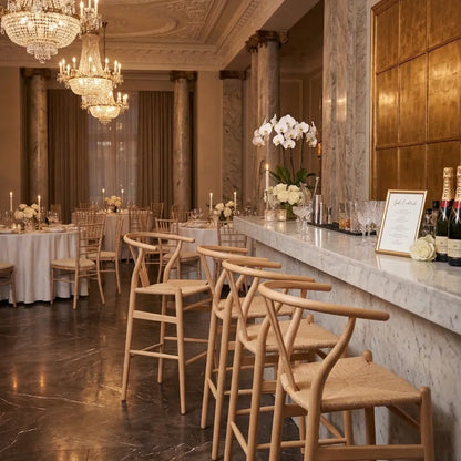 Wishbone Stool with woven seat in an elegant event setting, featuring a marble bar, champagne bottles, and floral arrangements, ideal for sophisticated gatherings by Party Social.
