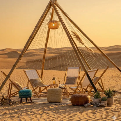 Desert glamping setup with four WOODEN DECKCHAIRS, patterned cushions, under bamboo frame with lights; ideal for stylish, comfortable event seating.