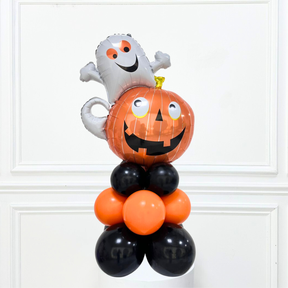 Ghost Pumpkin Balloon Stack featuring orange and black balloons with a ghostly pumpkin and face designs, ideal for Halloween parties.