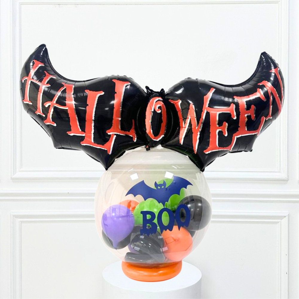 Halloween Bubble Balloon Stack featuring a 36in printed bubble balloon with bat-shaped wings and a unique foil balloon, perfect for party decor.