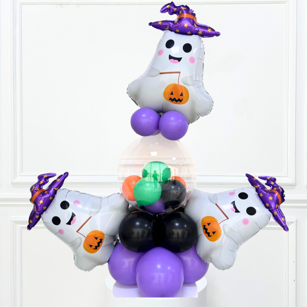 Mini Ghosts Balloon Stack featuring ghost-shaped balloons, perfect for Halloween parties, suitable for floor-standing or table placement.