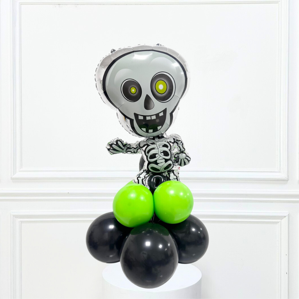 Skeleton Balloon Stack featuring a black skeleton balloon with lime green and black stack balloons, ideal for Halloween parties. Perfect for floor-standing or table placement.