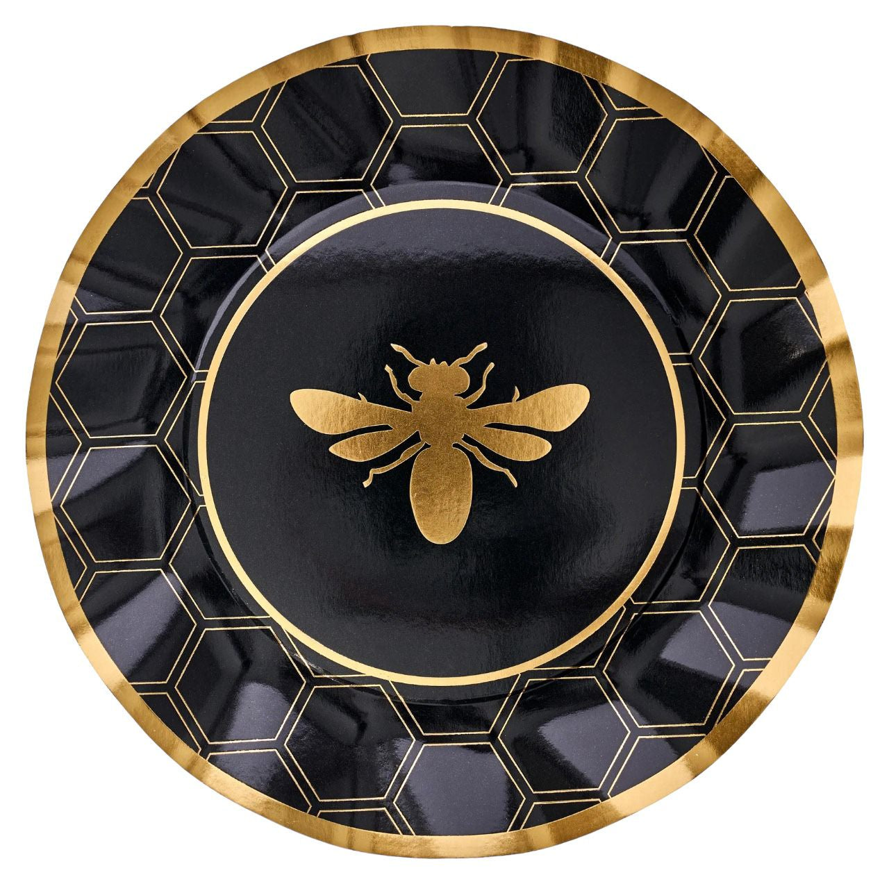 HoneyBee Paper Dinner Plate: Black and gold plate with a bee design and ruffled edge, ideal for elegant events. Pack of 8.