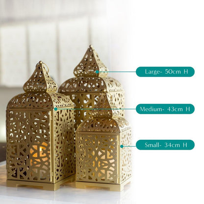 GOLD ARABIC LANTERNS in various sizes, featuring intricate designs and space for candles, perfect for enhancing party or event decor. Candles not included.