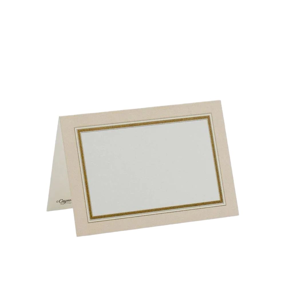 Gold Border Place Cards - 10 Per Package by Party Social. Elegant white rectangular cards with a gold border, perfect for table settings and labeling at events. Quality cardstock with eye-catching die-cut design.
