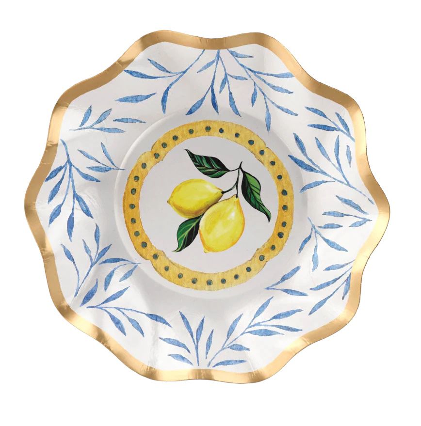 A Capri Coast paper appetizer &amp; dessert bowl featuring a ruffled foil edge, intricate blue pattern, and lemons on a white background. Ideal for adding elegance to events.