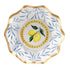 A Capri Coast paper appetizer & dessert bowl featuring a ruffled foil edge, intricate blue pattern, and lemons on a white background. Ideal for adding elegance to events.