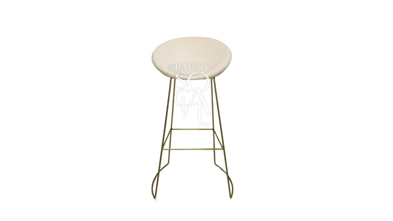 CREAM AND GOLD BASE BAR STOOL with velvet cushion, featuring sleek gold legs, ideal for elegant event settings. Perfect for weddings and corporate functions.