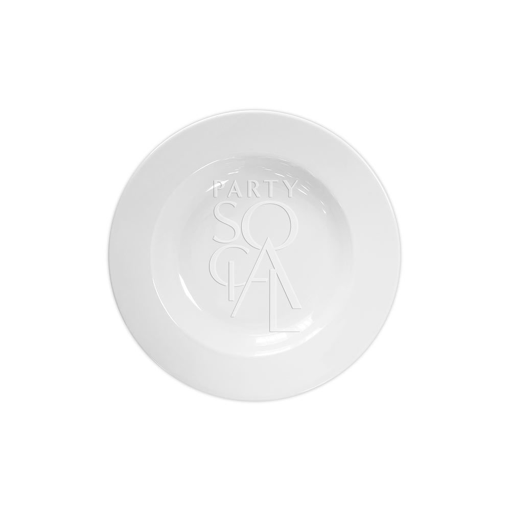 Simple White Plates with text detail, ideal for premium events. Available in various sizes for dinner, soup, dessert, and bread. Perfect for elegant occasions.