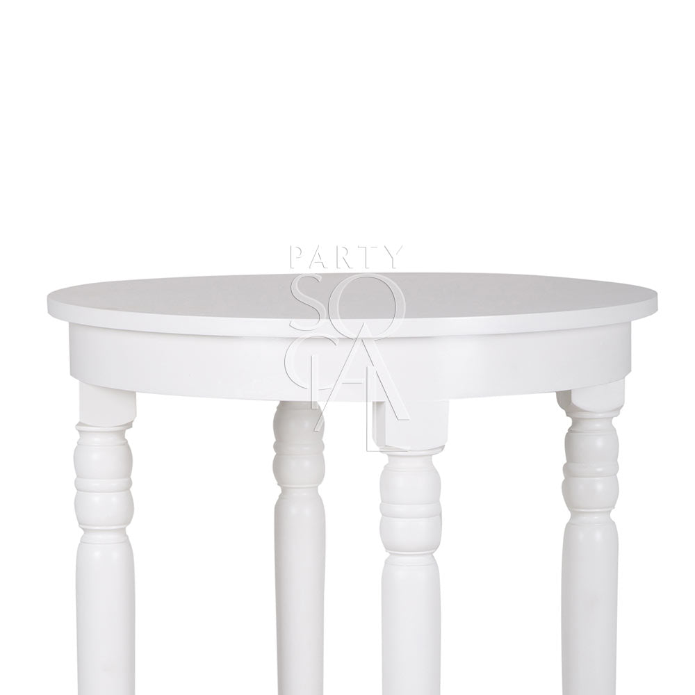 WHITE WOOD COCKTAIL TABLE with a round design and sturdy legs, ideal for versatile event setups and gatherings, available from Party Social.