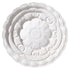 White Embossed Collection: Stack of three decorative plates, featuring scalloped edges and floral patterns, ideal for elegant event settings from Party Social.