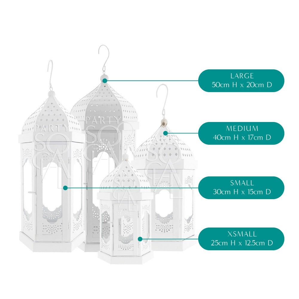 WHITE MOROCCAN LANTERNS in various sizes, suitable for events. The image shows several lanterns with domed tops, highlighting their different dimensions. Candles not included.