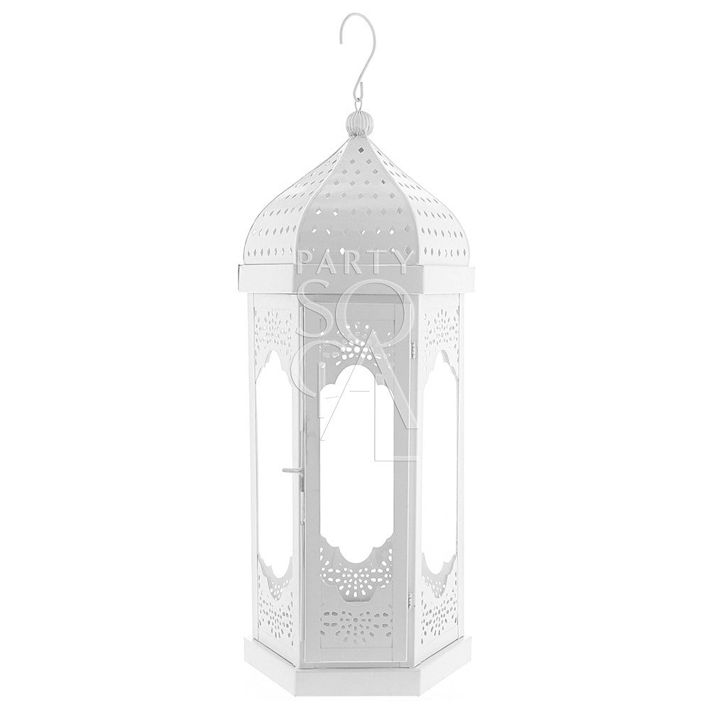 White Moroccan lantern with dome top and hook, ideal for event decor. Available in multiple sizes, candles not included.