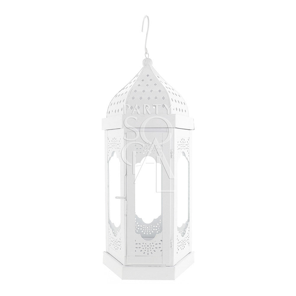 White Moroccan lantern with a dome top and hook, ideal for events. Available in various sizes without candles. Suitable for weddings and parties.