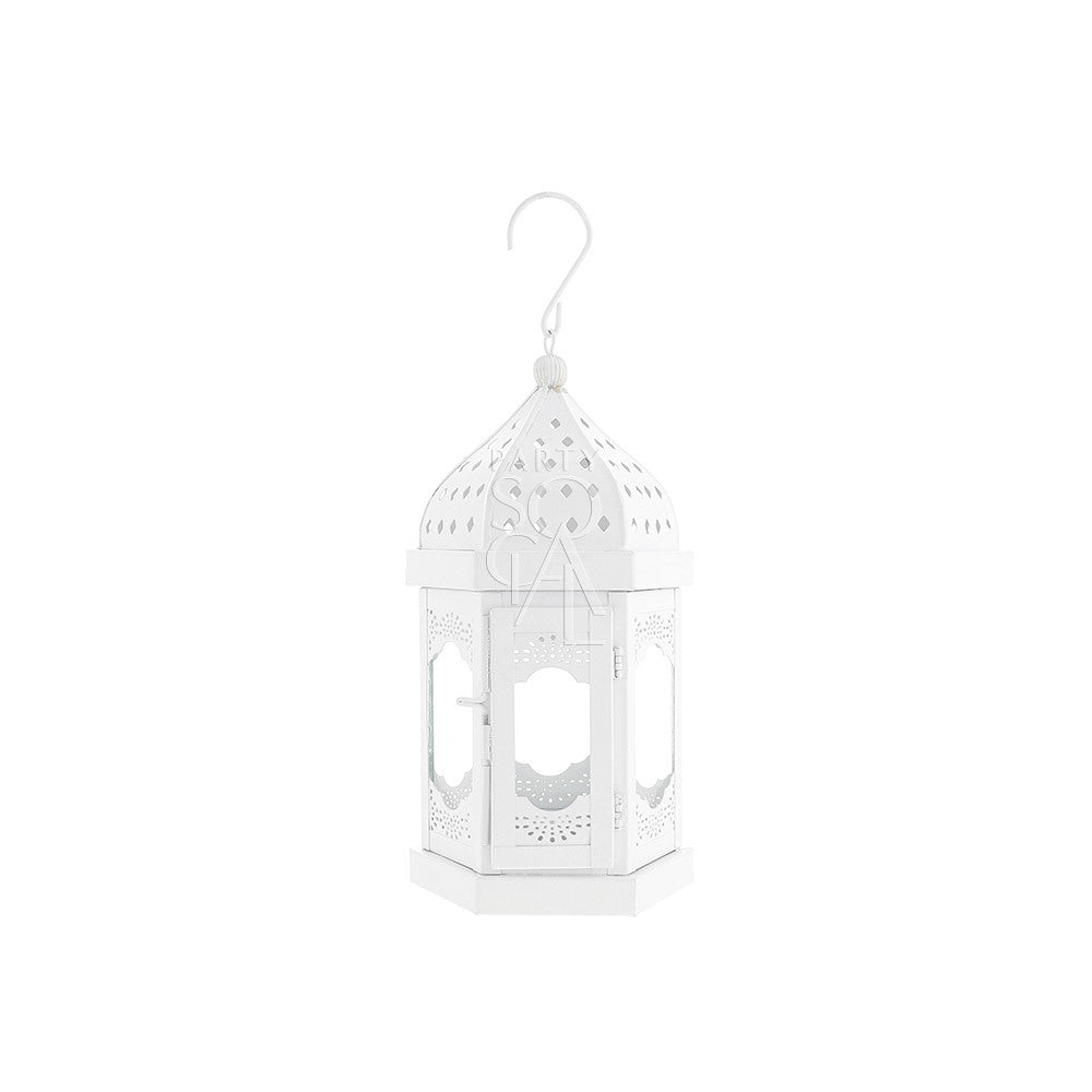 White Moroccan lantern with hook, dome top, and decorative holes, suitable for event decor. Available in various sizes. Candles not included.