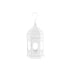 White Moroccan lantern with hook, dome top, and decorative holes, suitable for event decor. Available in various sizes. Candles not included.