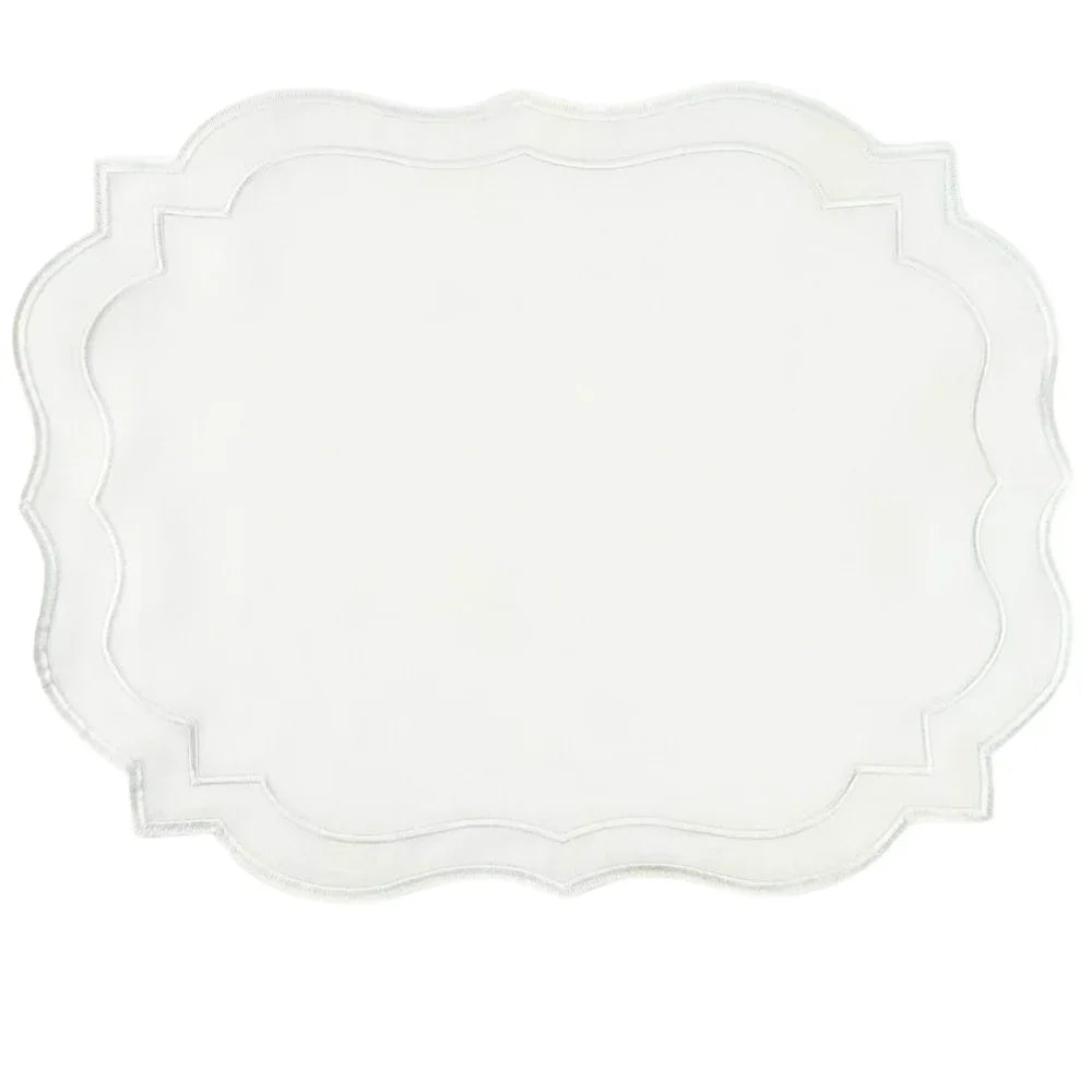 White Scalloped Linen Placemats - Set of 4 with decorative scalloped edges, designed for elegant table settings. Perfect for formal events and everyday dining.
