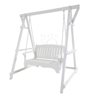 WHITE WOODEN SWING with chain, ideal for prop use, showcased with swing frame. Dimensions: 145cm L x 185cm W x 210cm H.