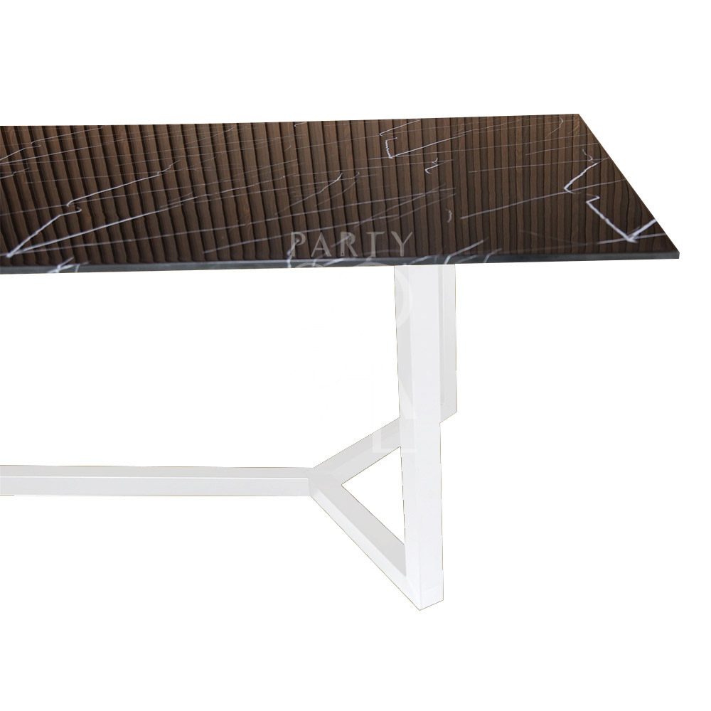 White base with black marble top table, ideal for events. Perfect for corporate or home functions, featuring a sleek design with steel bases.