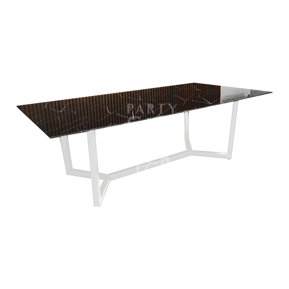 White base with black marble top table, suitable for corporate events and home functions, offered by Party Social for versatile event settings.