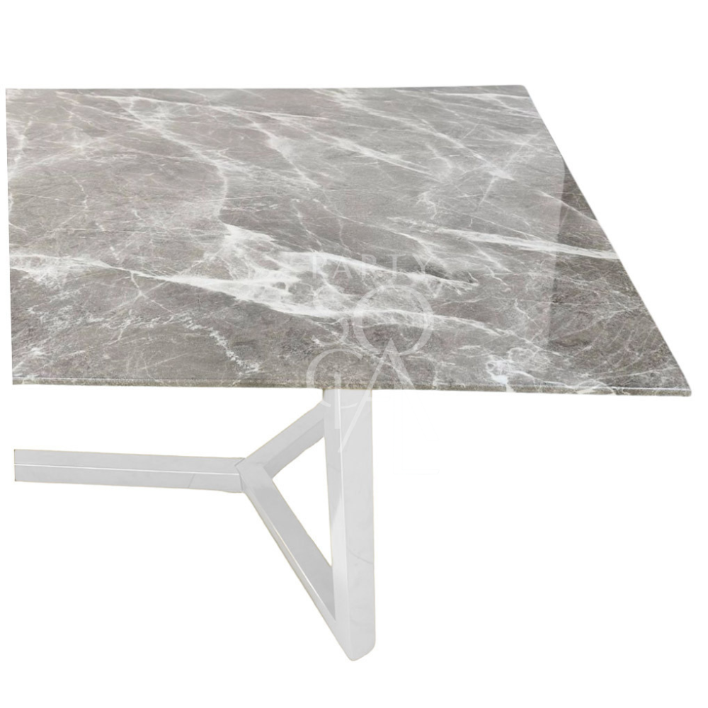 WHITE BASE WITH GREY MARBLE TOP table, featuring a sleek marble surface and sturdy white steel legs, ideal for corporate and home events.