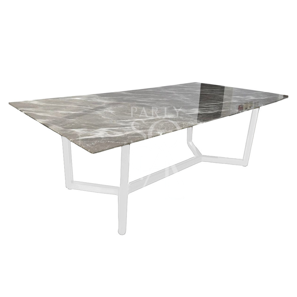 White base with grey marble top table, suitable for corporate events and home functions, offered by Party Social for versatile event settings.