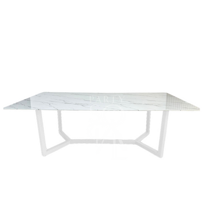 White base with white marble top table, perfect for corporate events and home functions, showcasing a sleek design suitable for various occasions.