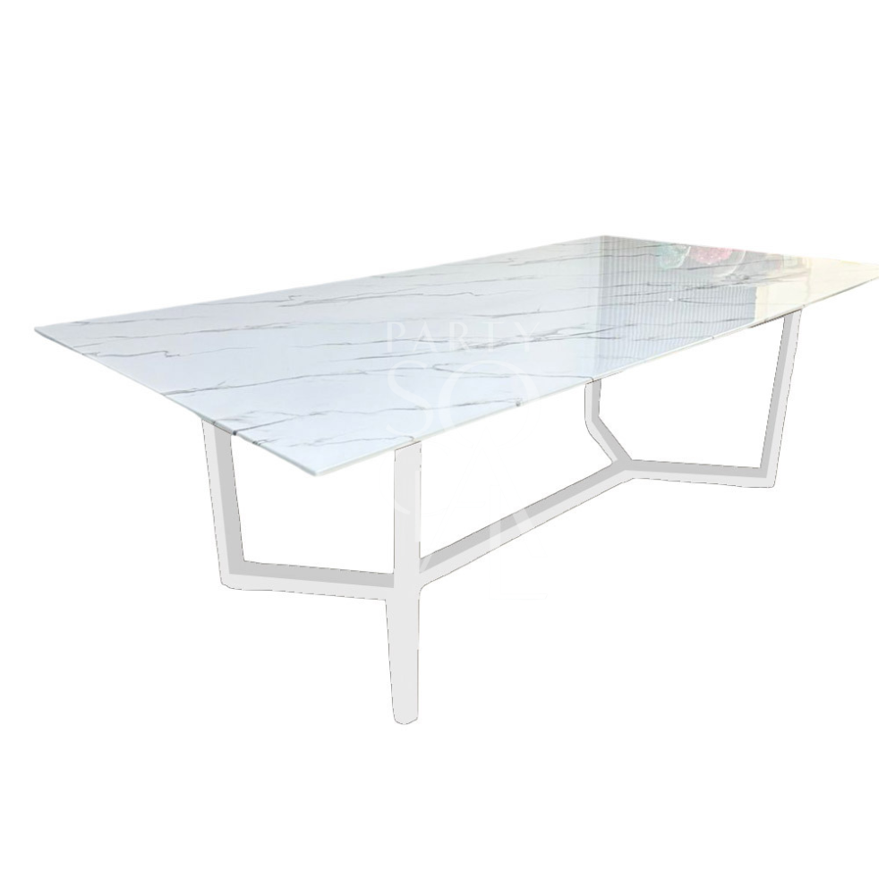 White marble-top table with steel bases, ideal for corporate events or home functions, available through Party Social for rental or purchase.