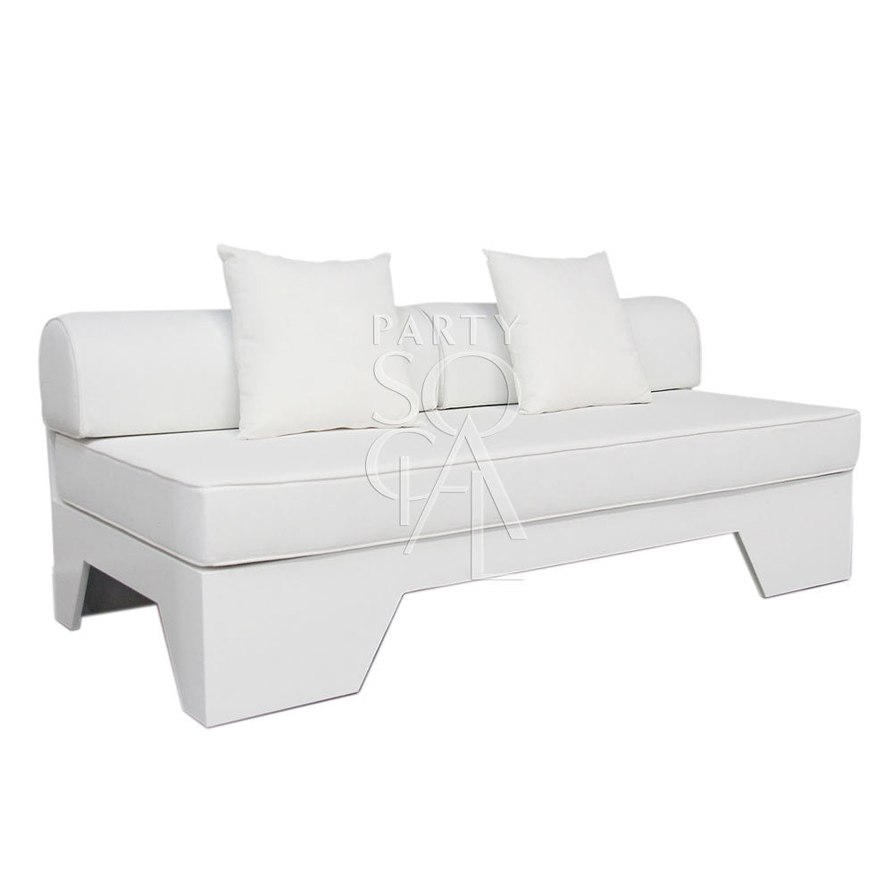 WHITE 3 SEATER LOUNGE: Modern white fabric sofa with pillows, ideal for event seating. Dimensions: 170cm L x 80cm W x 60cm H.