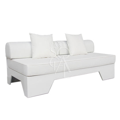 WHITE 3 SEATER LOUNGE: Modern white fabric sofa with pillows, ideal for event seating. Dimensions: 170cm L x 80cm W x 60cm H.