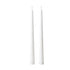 Two slim white taper candles standing upright side by side on a plain white background.