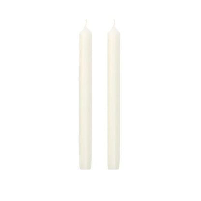 Two unlit white taper candles standing vertically side by side on a plain white background.