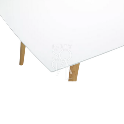 WHITE RECTANGULAR TABLE with wooden legs, perfect for corporate events and home functions, complements white Master&