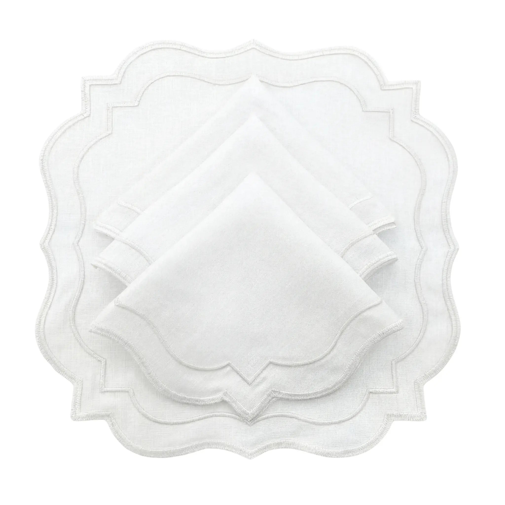 White Scalloped Linen Napkins - Set of 4, featuring elegant scalloped edges with silver embroidery, ideal for sophisticated dining and special occasions.