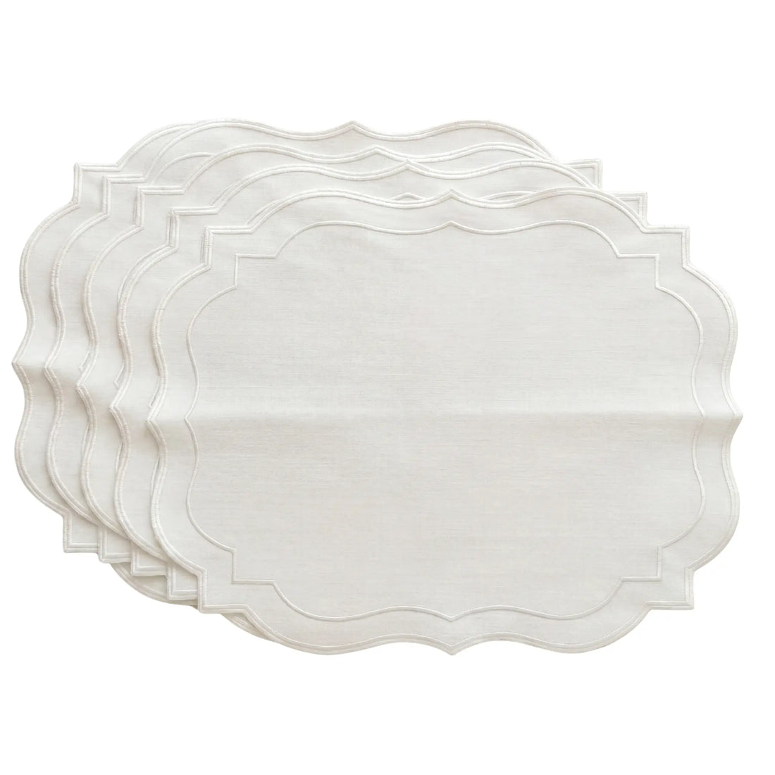 White Scalloped Linen Placemats - Set of 4 with decorative scalloped edges, designed for elegant table settings. Perfect for formal events and everyday dining.