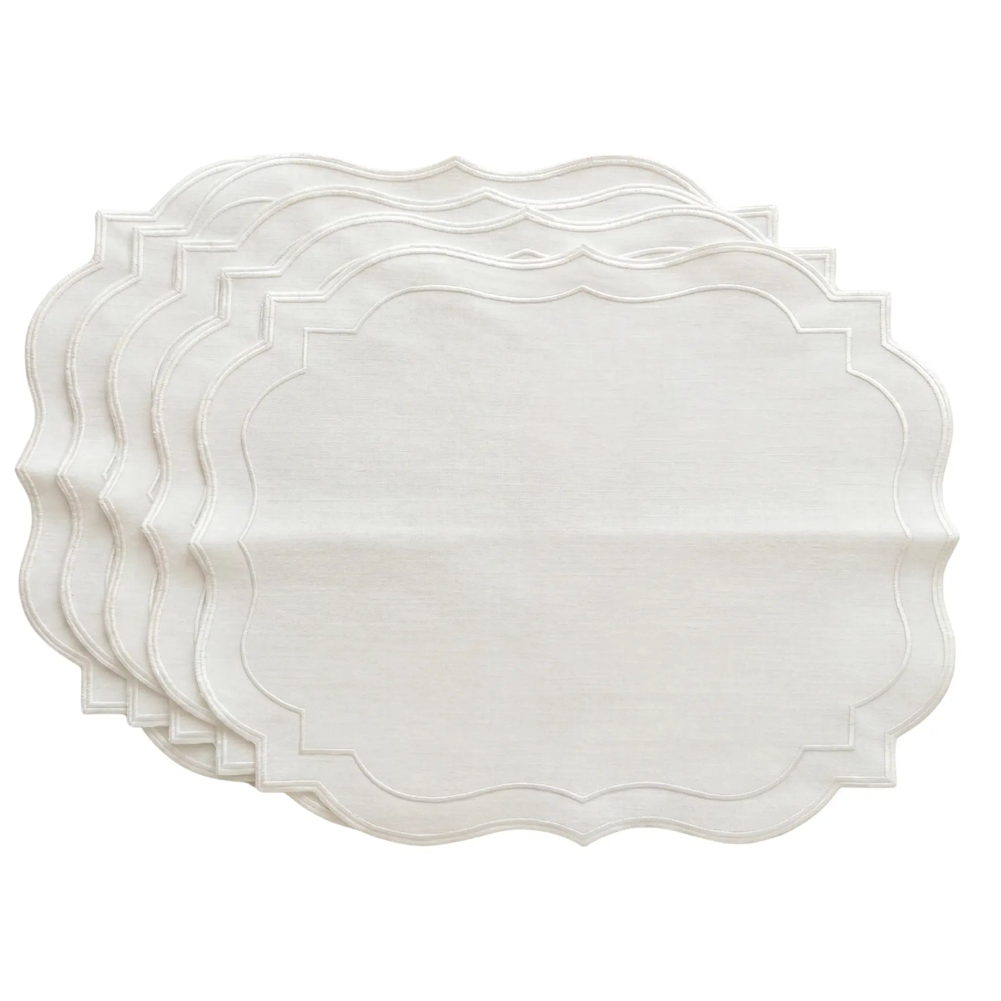 White Scalloped Linen Placemats - Set of 4 with decorative scalloped edges, designed for elegant table settings. Perfect for formal events and everyday dining.