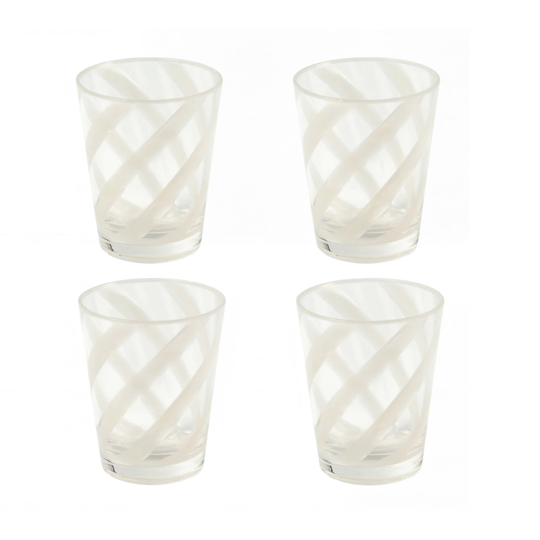 Set of 4 clear drinking glasses with frosted diagonal swirling-stripe pattern, ideal for parties and events by Party Social.