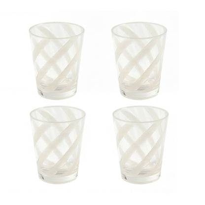 Set of 4 clear drinking glasses with frosted diagonal swirling-stripe pattern, ideal for parties and events by Party Social.