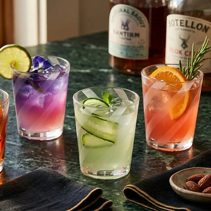 Four cocktails on a bar with garnishes and bottles in the background